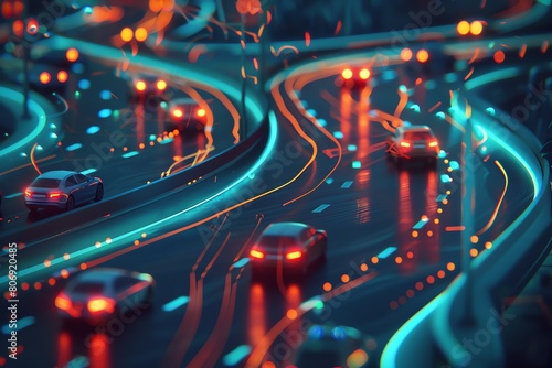 A network of advanced traffic systems, each vehicles path illuminated by dynamic, flowing lights on a dark base