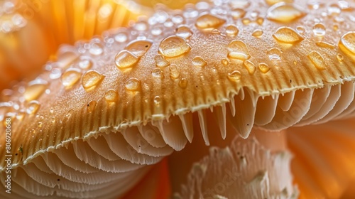 Macro Photography of Dew-Kissed Mushroom Gills in a Forest Setting