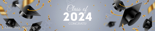 Banner with graduation caps thrown up and golden foil confetti on a gray background. Congrats Graduates. Horizontal vector illustration.
