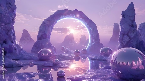 Surreal arch portal in purple landscape with glossy spheres and neon colors. Concept Surreal, Arch Portal, Purple Landscape, Glossy Spheres, Neon Colors photo