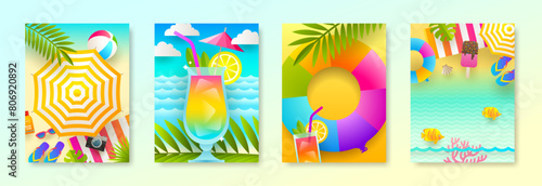 Set of tropical beach vacation and summer holidays design with copy space. Vector illustration for poster or greeting card.