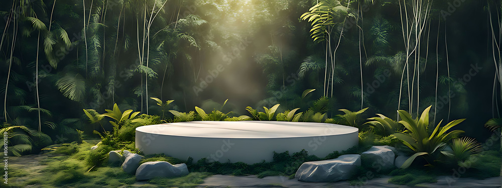 Podium background product green nature 3D forest stand white plant. Cosmetic background product podium display wood jungle studio garden beauty platform presentation mockup pedestal stone tropical Podium background product green nature 3D forest stand white plant. Cosmetic background product podium display wood jungle studio garden beauty platform presentation mockup pedestal stone tropical