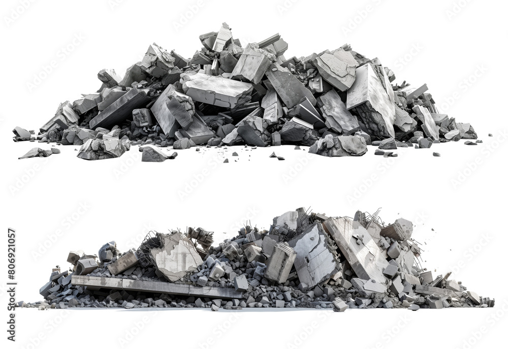 Panorama. A pile of concrete gray fragments of a destroyed building illuminated by the sun with a huge support beam in the foreground, isolated on a white background.