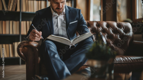 businessman sitting and writing a book