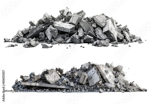 Obraz na płótnie Panorama. A pile of concrete gray fragments of a destroyed building illuminated by the sun with a huge support beam in the foreground, isolated on a white background. w salonie