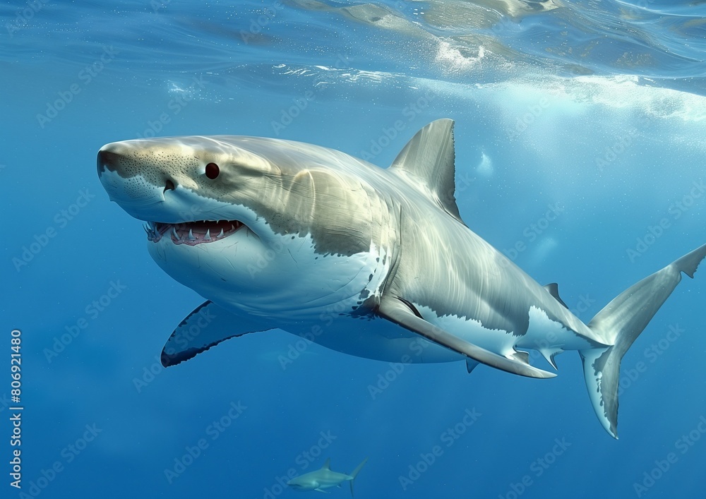 Fototapeta premium Great White Shark Swimming Underwater in Clear Blue Ocean