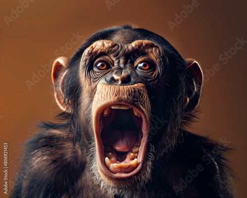Close-up Portrait of Screaming Chimpanzee on Warm-Toned Background © Qstock