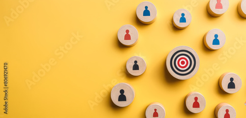 Target customer, buyer persona, marketing segmentation, job recruitment concept. Wooden cubes with target and different customer icon on yellow background. copy space