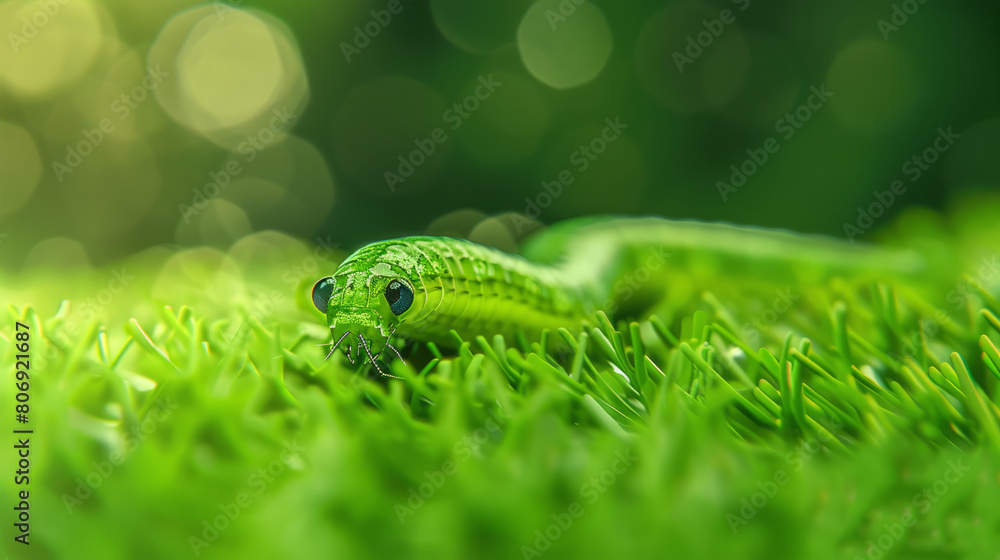 Obraz premium A Little green worm lies on the green grass