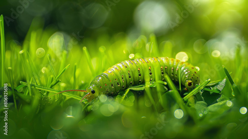 A Little green worm lies on the green grass