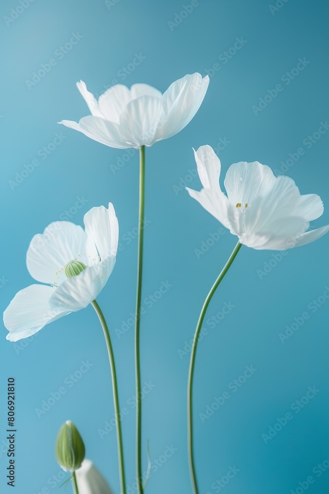 Serenity Blooms White Flowers against Blue, Room for Text Serenity Blooms White Flowers against Blue, Room for Text