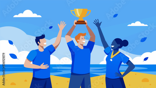 In a dramatic finish the team in blue emerged victorious hoisting the championship trophy high in the air as they were crowned the ultimate beach. Vector illustration