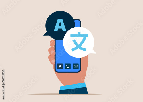 Language translation. Online translator in app smartphone. Linguist. Flat vector illustration