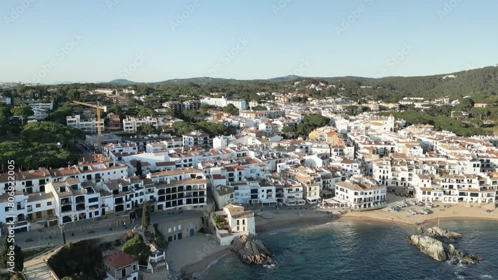 Aerial drone panoramic sea view to Spanish touristic destination, Calelella de Palafrugell, coastline with white houses, 4K Aerial drone panoramic sea view to Spanish touristic destination, Calelella de Palafrugell, coastline with white houses, 4K