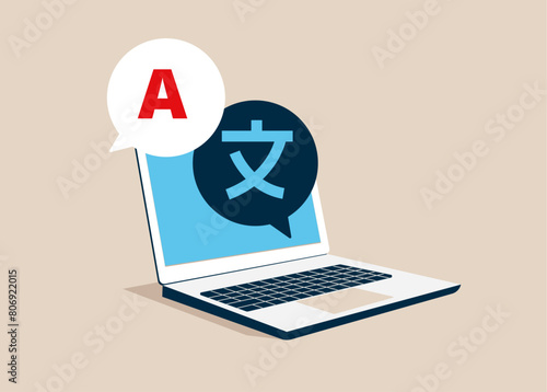 Language translation. Online translator in app laptop. Linguist. Flat vector illustration