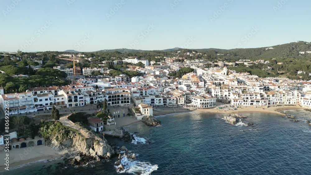 Aerial drone panoramic sea view to Spanish touristic destination, Calelella de Palafrugell, coastline with white houses, 4K Aerial drone panoramic sea view to Spanish touristic destination, Calelella de Palafrugell, coastline with white houses, 4K