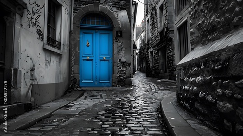 A timeless black and white cityscape with a single vibrant blue door as the solitary pop of color, leading the eye through the winding cobblestone alleys
