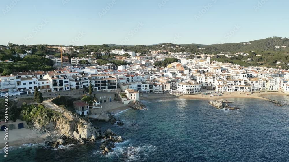 Aerial drone panoramic sea view to Spanish touristic destination, Calelella de Palafrugell, coastline with white houses, 4K Aerial drone panoramic sea view to Spanish touristic destination, Calelella de Palafrugell, coastline with white houses, 4K