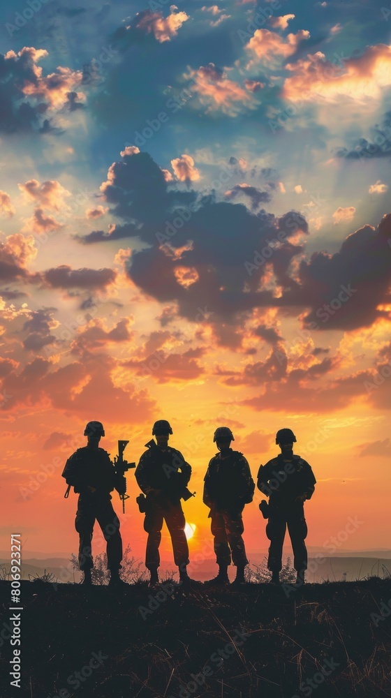 Four soldiers stand on a hillside, silhouetted against a beautiful sunset