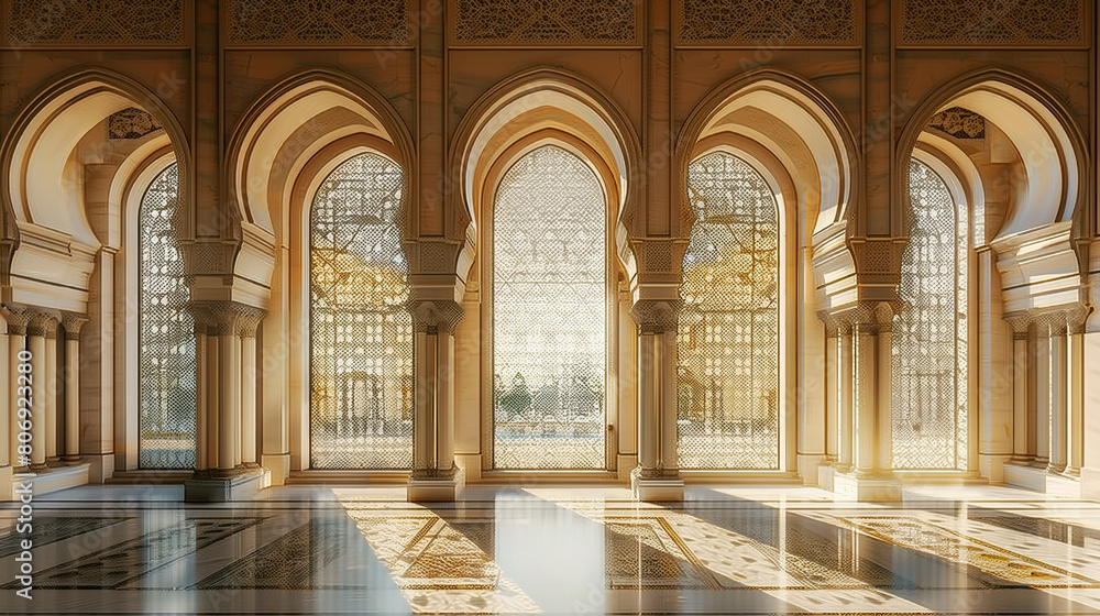 Elegant interior view of a hall with arched doorways and intricate geometric patterned screens, bathed in warm light.