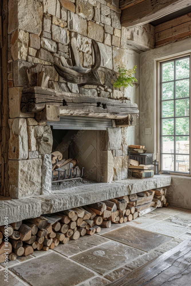 Concept Home Decor, : Rustic Warmth Logs Await Hearth's Embrace. Concept Home Decor, : Rustic Warmth Logs Await Hearth's Embrace.
