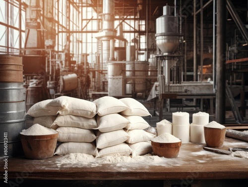 An industrial bakery background with large bags of flour and commercial mixers, suitable for targeting professional bakers and pastry chefs