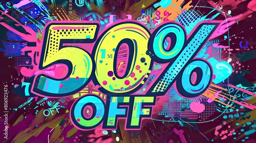 Vibrant sale banner with  50 OFF  in bold letters