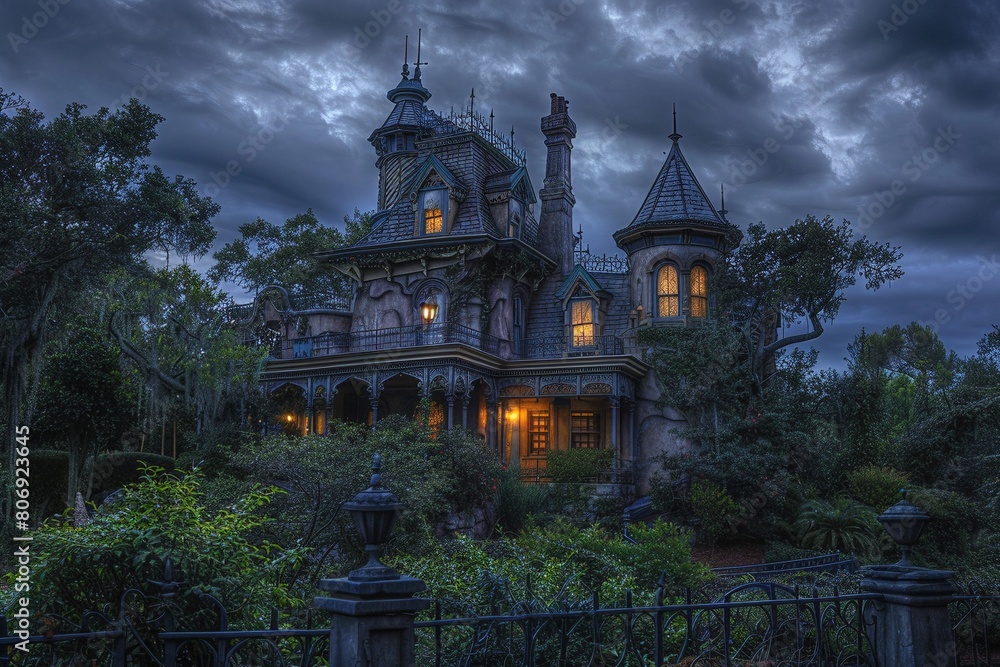 A haunted mansion bathed in charcoal gray hues, shimmering with quantum fluctuations, rendered in a holographic chiaroscuro style with glowing phosphorescent accents.