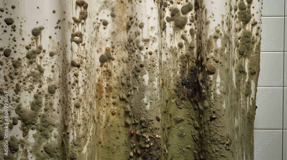 Obraz premium A detailed view of a moldy shower curtain, focusing on the health risks and unsightliness of neglected bathroom maintenance