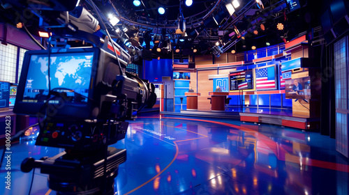 Modern TV studio setup with multiple cameras and a vibrant news set background, brightly illuminated.