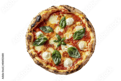 Authentic Italian pizza with fresh mozzarella and basil on a white background.
