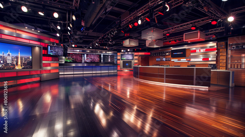 Modern television studio decked out with multiple video screens, red and black detailing, and bright studio lights.