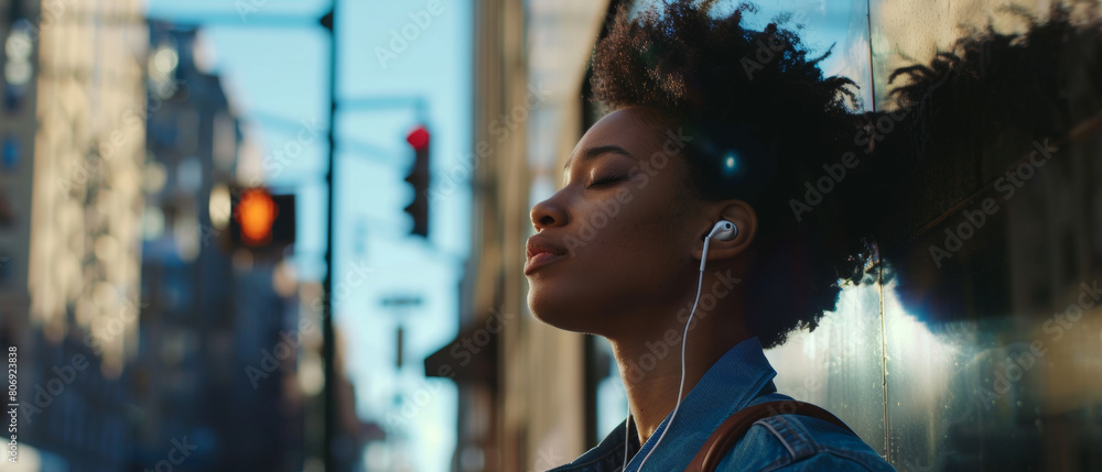 Young woman in urban sunset, lost in music and peaceful contemplation.