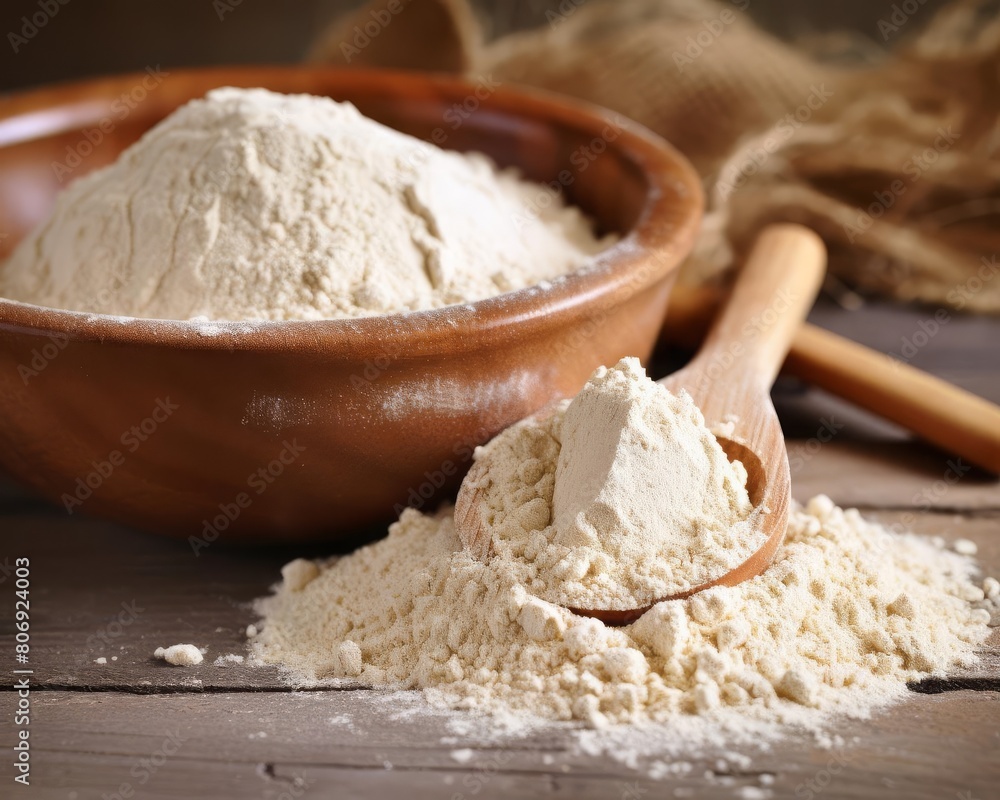 A closeup of Brewers yeast powder in a wooden spoon against a backdrop of freshly baked bread, emphasizing its use in baking and its natural origins