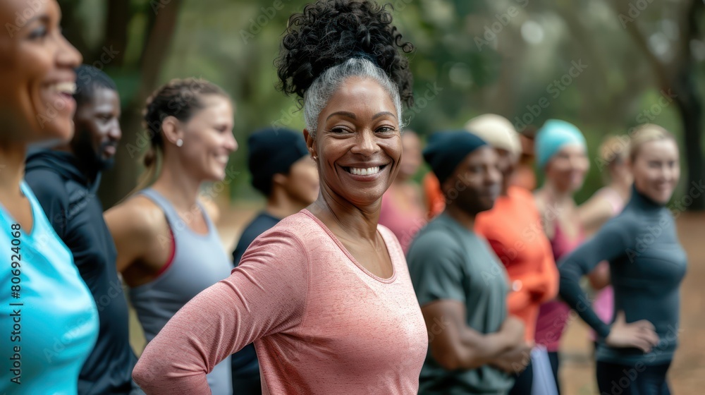 Group of diverse people participating in a fitness class or exercise session led by a health educator in a gym or outdoor setting. 