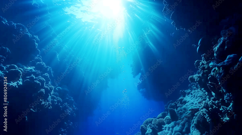 Fototapeta premium Stunning underwater scene with sunbeams filtering through the ocean, illuminating the corals and bubbles.