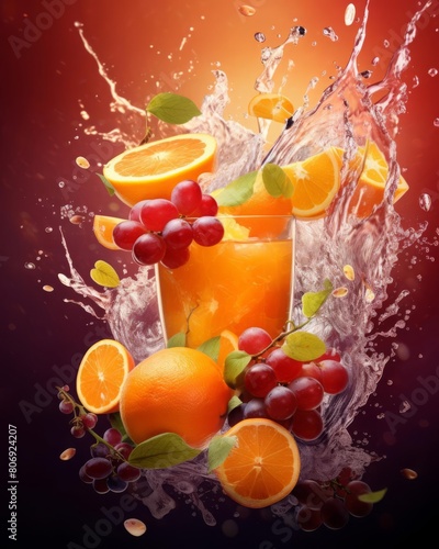 A dynamic background with splashes of fruit juice and whole fruits like oranges and grapes  emphasizing vitality and natural energy for health drink ads