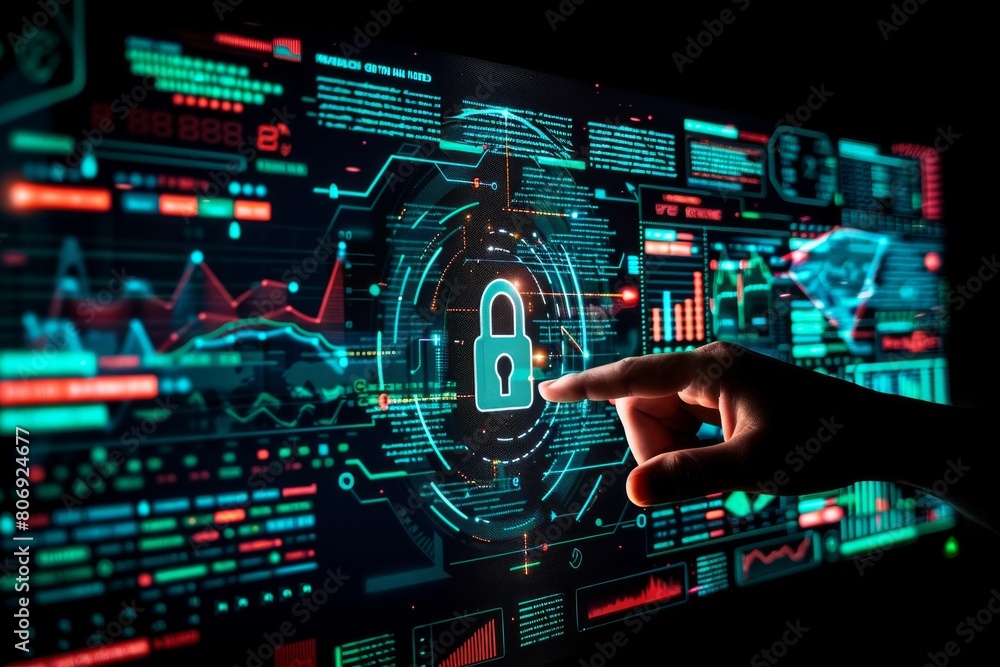 Fototapeta premium Enhance business communication security with secure router technology and cyber lock, protecting personal data and ensuring robust user privacy through encryption.
