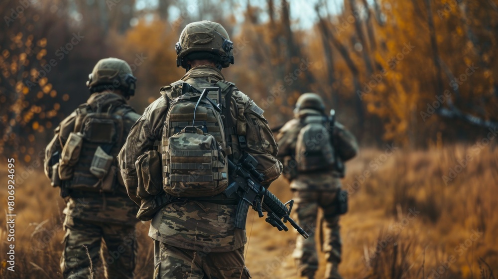 Three soldiers are walking through a forest, wearing camouflage uniforms Three soldiers are walking through a forest, wearing camouflage uniforms