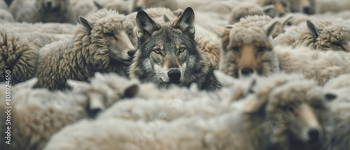 A lone wolf veiled amidst a sea of identical sheep.