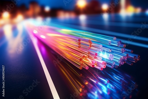 Fiber optic cables transmitting massive amounts of data through their core bundled together on a dark background, symbolizing high-speed internet connections and global communication networks. photo