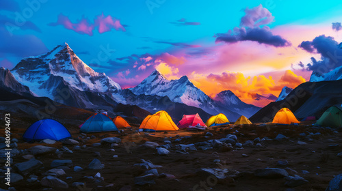 Colorful camping tents lined up in a rocky mountain base camp at sunset with stunning snowy peaks in the background.