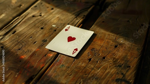 An ace of hearts playing card is placed on a textured wooden surface photo