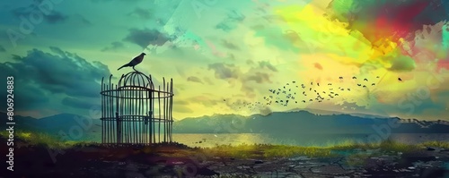 A bird sits on an open cage door, looking out at a vibrant sky filled with birds in flight. The bird is considering joining them, but is hesitant to leave the safety of the cage. photo