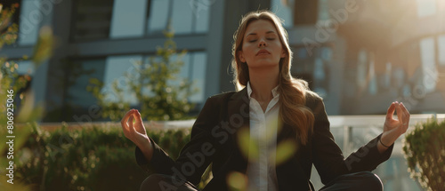 Businesswoman in tranquility, meditating amidst urban greenery at sunrise.