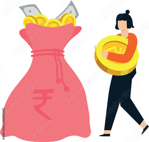The girl is saving money in the bag.