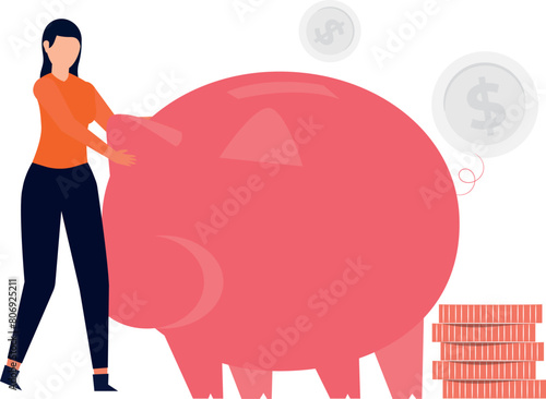 The girl is standing next to a piggy bank.