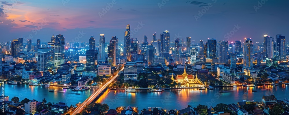 Obraz premium A panoramic view of Bangkok's skyline at night