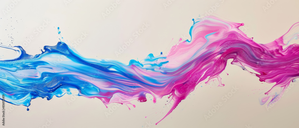 Sweeping vibrant hues of pink and blue in an energetic abstract liquid paint wave.