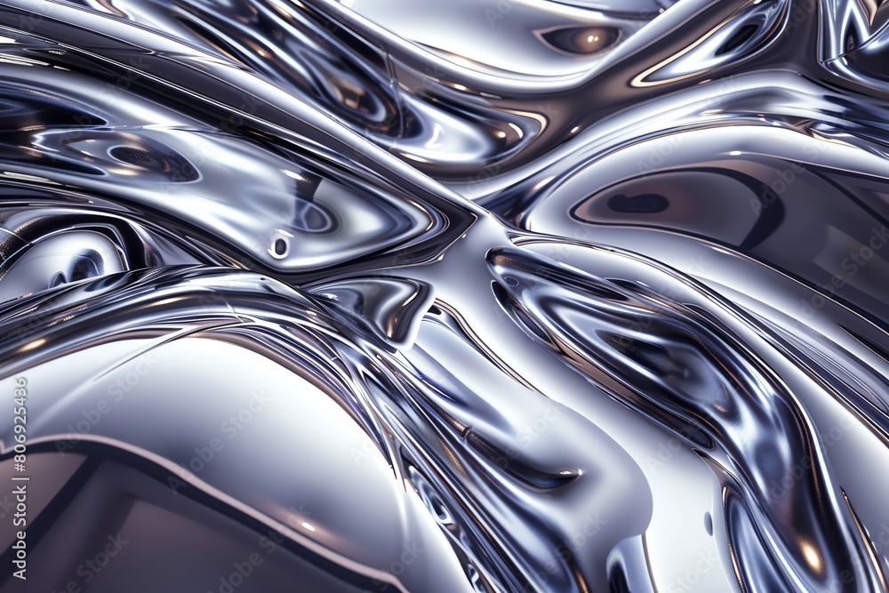 Fluid metallic surfaces that twist and reflect in shades of chrome and steel, interspersed with beams of light creating a futuristic environment Fluid metallic surfaces that twist and reflect in shades of chrome and steel, interspersed with beams of light creating a futuristic environment